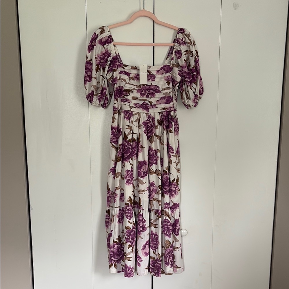 Abercrombie & Fitch Purple and White Puff Sleeve Midi Dress